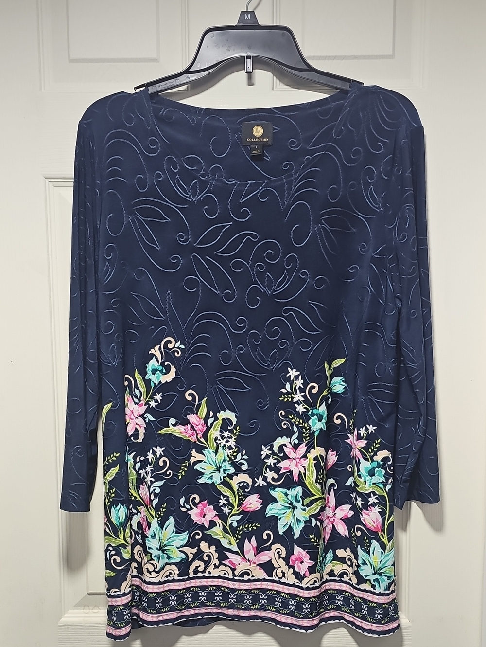 JM Collection Navy Long-Sleeve Floral Border Blouse